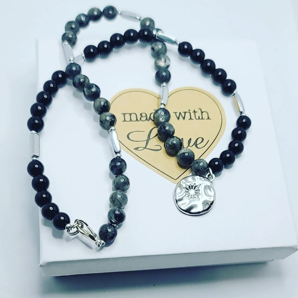 Labradorite,  Black Agate, Sun Stainless steel charm necklace 6 mm